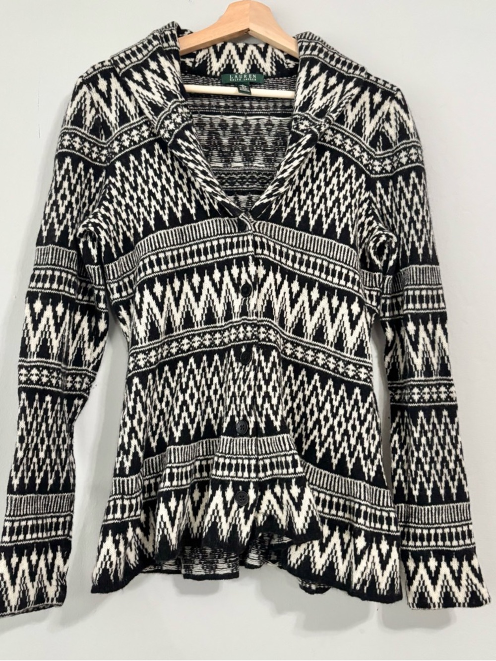 Lauren Ralph Lauren Fair Isle Knit Peplum Hem Lambswool Blend Cardigan Sweater